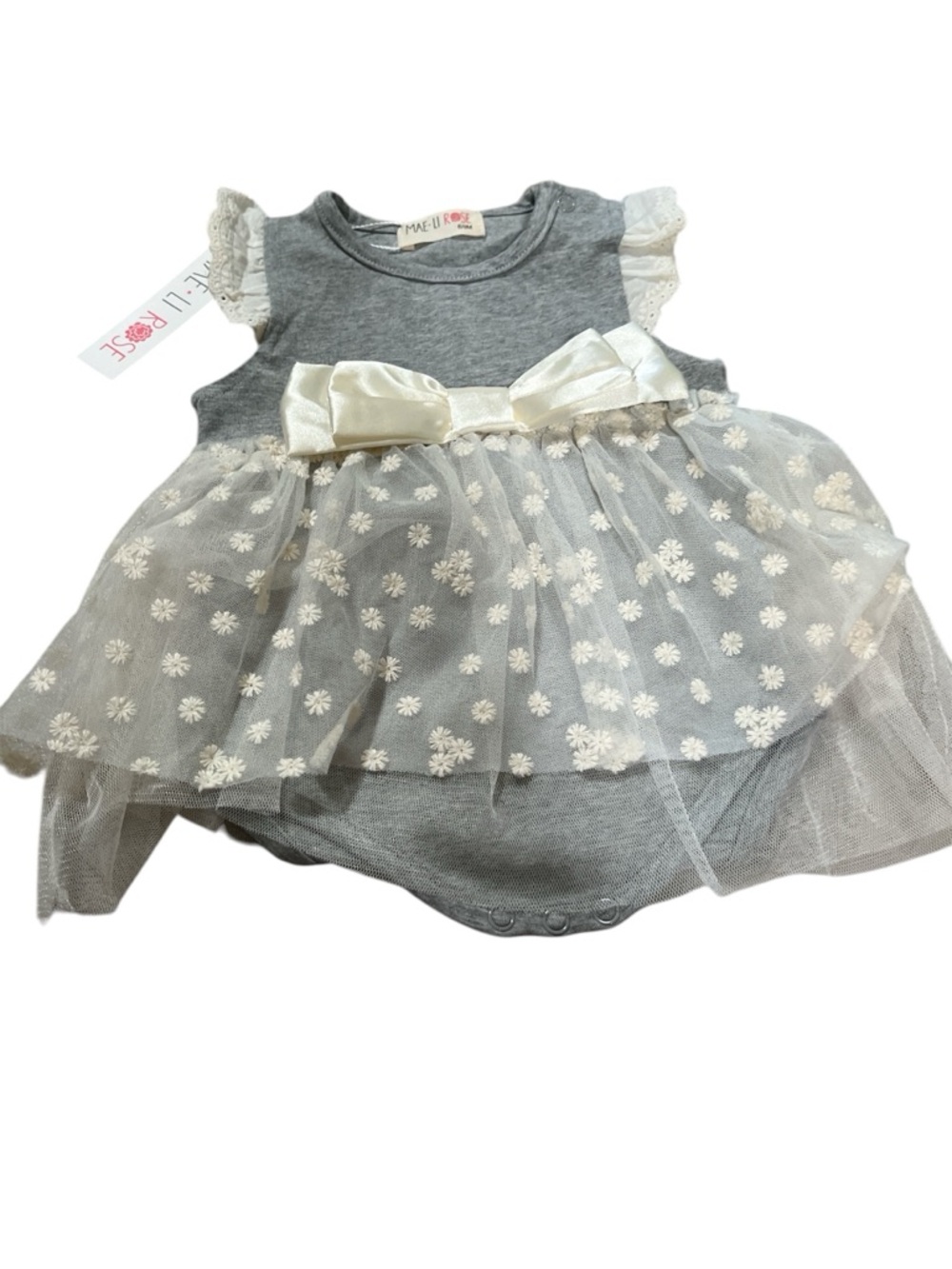 Mae-LI Rose Grey and Ivory Tulle Baby Dress Bodysuit 6-9 months NWT